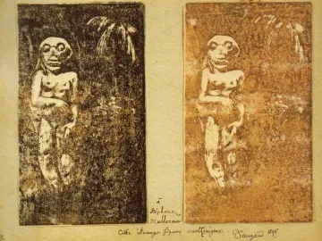 Two woodblock impressions of Gauguin’s Oviri figure with a grimacing face and wild headdress-like hair.