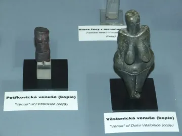 Dark Venus of Dolní Věstonice figurine with prominent breasts and a rounded abdomen on a black base.