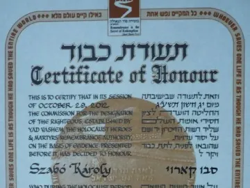 Yad Vashem Certificate of Honour recognizing Szabó Károly, with English and Hebrew text and a gold seal.