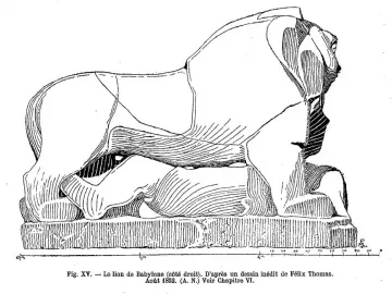Black-and-white drawing of the Lion of Babylon sculpture lying down with a human figure beneath its chest and front paws.