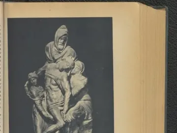 The Deposition marble sculpture shown in a black-and-white book photograph, with figures supporting a draped male body.