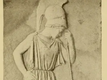 Mourning Athena, a helmeted female relief figure leaning on a staff beside a stone marker.