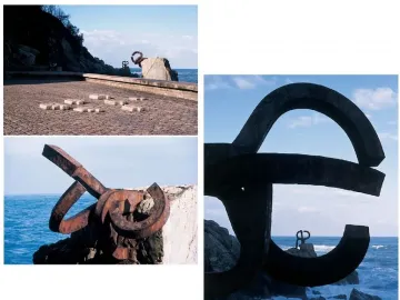 Three views of Peine del Viento, with dark steel sculptures set among rocks by the sea.