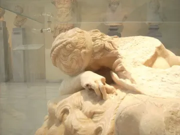Detail of the Sleeping Maenad sculpture showing the reclining figure’s head, wavy hair, and one hand behind glass.