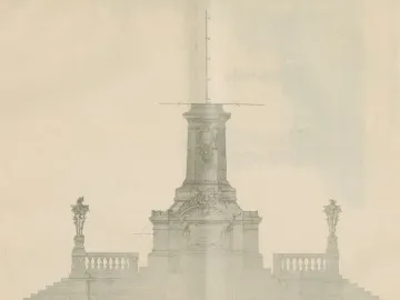 Faded architectural drawing of the Adam Mickiewicz Monument showing an ornate pedestal, steps, balustrades, and decorative reliefs.