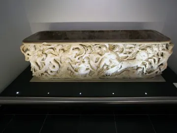 Proserpina Sarcophagus with a richly carved high-relief scene of figures, horses, and serpents
