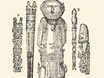 A\'a, a carved Polynesian wooden idol covered with many small figures and abstract motifs, with a large round head and draped lower section.