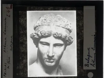Black-and-white photograph of the head and upper torso of Athena Lemnia, with wavy hair held by a band.