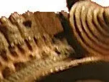 Close-up of the Bronze Head from Ife showing textured brownish-gold metal with raised ridges and spiral ribbed patterns.