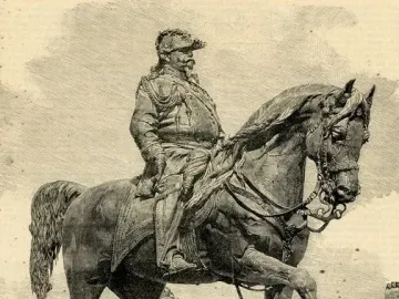 Victor Emmanuel II Monument shown as a vintage engraving of an equestrian statue on a stone pedestal.