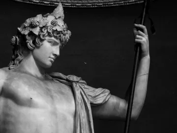 Upper body of the Antinous Braschi statue, a youthful male marble figure with a leafy wreath in his curly hair, looking down to the right and holding a staff.