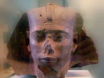 Weathered stone head of the Djedefre sphinx with a damaged nose and textured surface on a white display stand.