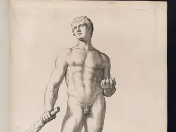 Engraving of Hercules of the Forum Boarium showing a muscular nude male figure holding a club and small rounded objects.