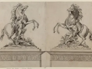 Drawing of the Marly Horses showing two rearing horses restrained by muscular male figures on ornate pedestals.