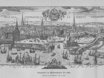 Panoramic 1611 engraving of Copenhagen harbor and cityscape.