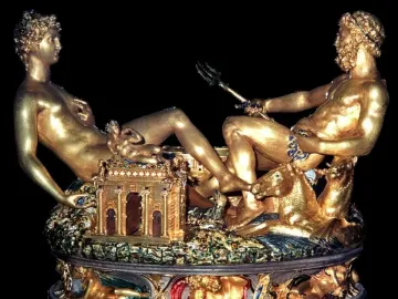 Cellini Salt Cellar with two reclining nude figures on an ornate gilded base