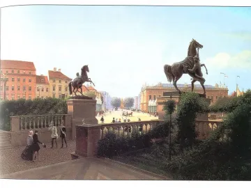 Horse Tamers statues with rearing horses on pedestals in a broad city square.