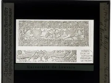 Plutei of Theodota with two carved relief panels showing winged lions, birds, a central tree, and a chalice with a cross.