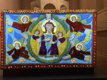 Rachis Altar with a haloed figure in a purple robe, surrounded by angels against a blue background.