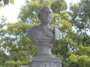Beriah Magoffin Monument showing a stone bust of a bearded man on an ornate pedestal with a circular relief carving.