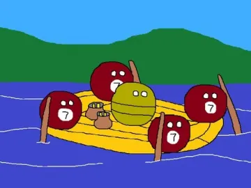 Cartoonish Muisca Raft with a green figure and four red figures on a yellow raft over blue water.