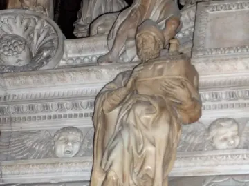 Saint Petronius marble statue holding a model of a city against his chest