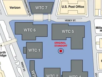 Map of the World Trade Center complex with two red markers showing the original and new location of The Sphere.