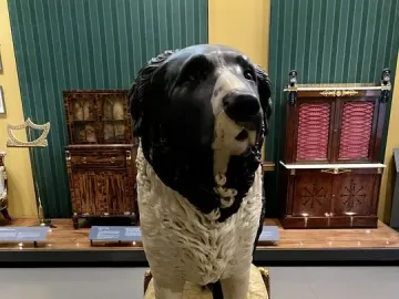 Bashaw, a black and white dog statue, stands on a gold-colored cushion with its paw on a coiled snake.