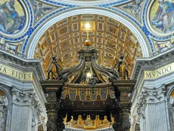St. Peter\'s Baldachin with dark bronze spiraling columns and an ornate canopy beneath the basilica dome.