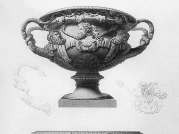 Two engraved views of the Warwick Vase, showing its ornate handles, patterned rim, and richly decorated body on a pedestal.