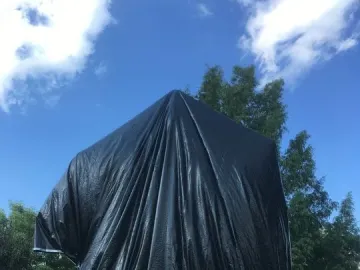 Robert E. Lee Monument covered in black plastic sheeting in a park