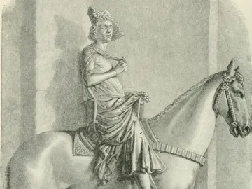 The Bamberg Horseman, a crowned male figure seated on a horse in profile on a decorative base.