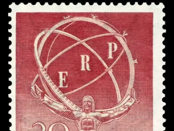Atlas holds an armillary sphere marked ERP on a red and white Deutsche Post stamp.