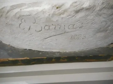 Close-up of the signature and date inscribed on The First Funeral by E. Barrias, 1883.