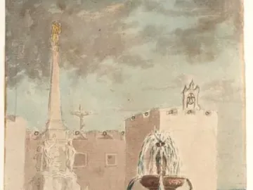 The Triumph of the Candelaria stands in a public square beside a fountain, with people and pack animals gathered around it.