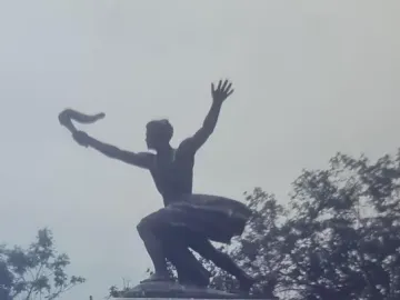 Silhouette of the Liberty Statue holding a palm branch against a bright sky.