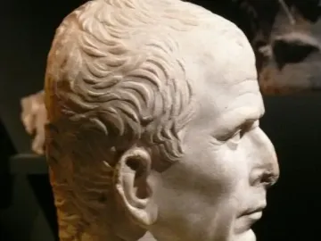 Arles Bust shown in profile, a light-colored stone head with short wavy hair and a prominent nose.