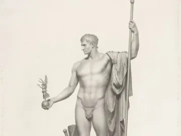 Napoleon as Mars the Peacemaker, a classical male figure holding a staff and a small winged figure on a globe