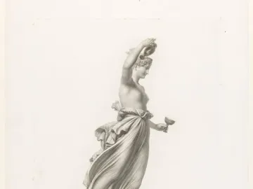 Neoclassical print of Hebe showing a female figure holding a pitcher overhead and a cup in the other hand.