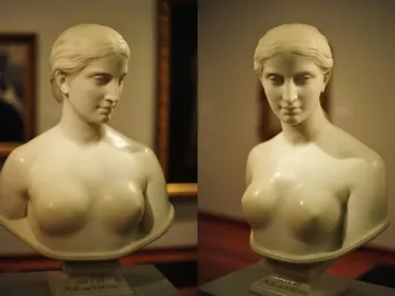Marble bust of a woman titled California.