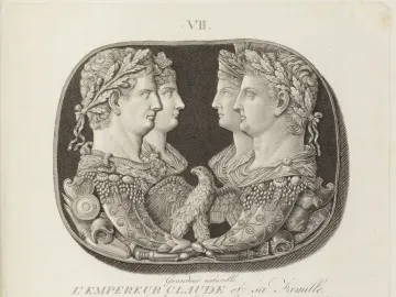 Gemma Claudia cameo with four classical profile portraits, two laurel-wreathed figures and two crowned figures with an eagle and cornucopias below.