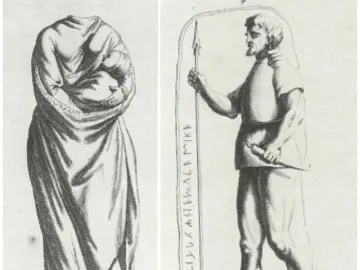Side-by-side black and white illustrations, including the Stele of Avile Tite with a bearded male figure holding a spear and dagger.