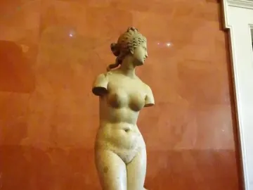 Venus Tauride marble statue of a nude female figure without arms, shown against a dark red wall with green marble wainscoting.