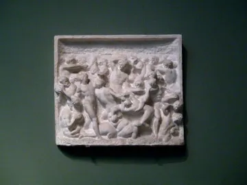 Battle of the Centaurs relief sculpture with densely carved intertwined figures in a chaotic struggle.