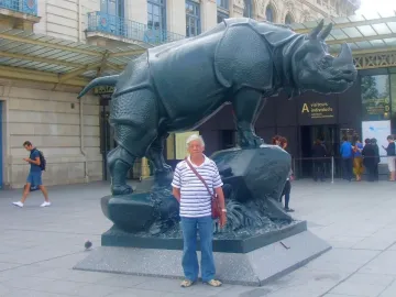 Jacquemart rhinoceros sculpture standing on a rock base outside a museum entrance