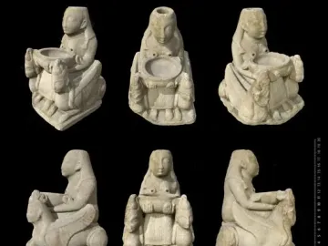 Nine views of the Lady of Galera alabaster figurine showing a seated female figure with winged sphinxes and a circular basin against a black background.