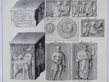 Engraving of the Nautae Parisiaci Pillar fragments, showing carved stone blocks, Latin inscriptions, relief figures, and associated ancient pieces arranged in a grid.