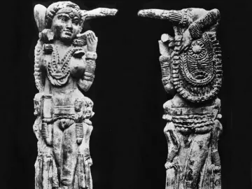 Front and back views of the Pompeii Lakshmi, a richly carved female figure with elaborate jewelry and a decorated back panel.
