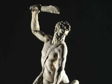 Samson Slaying a Philistine marble sculpture showing two muscular figures in a dramatic struggle, with one raising a weapon over the other.