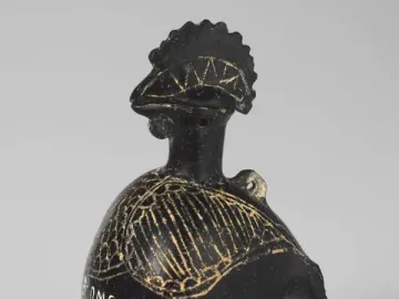 Viterbo Rooster black ceramic cockerel vessel with etched patterns and inscribed letters